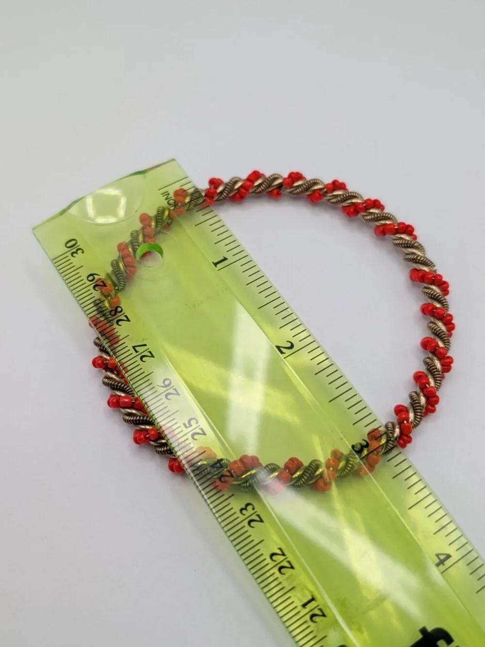 Red Seed Bead Twisted Rope Bangle Bracelet Antique Brass Boho Stacking Bangle